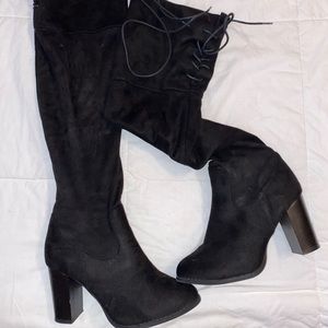 Black knee high tie back boots